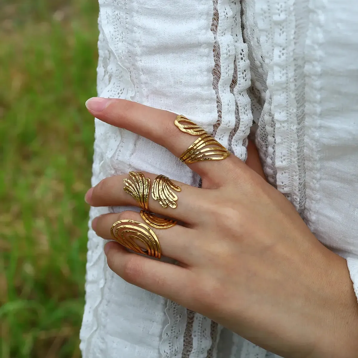 WILD & FREE 18K Gold Plated Stainless Steel Rings for Women Irregular Hammered Metal Texture Statement Jewelry