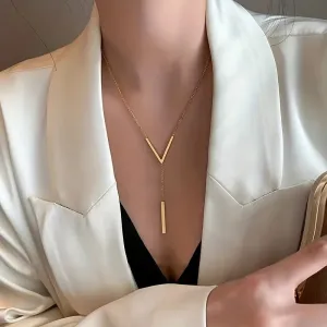 Women's Simple Long V-Shaped Pendant Necklace, 18K Plated Y-Shaped Necklace
