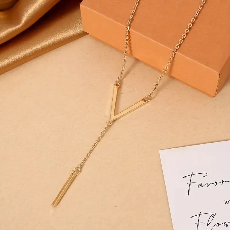 Women's Simple Long V-Shaped Pendant Necklace, 18K Plated Y-Shaped Necklace