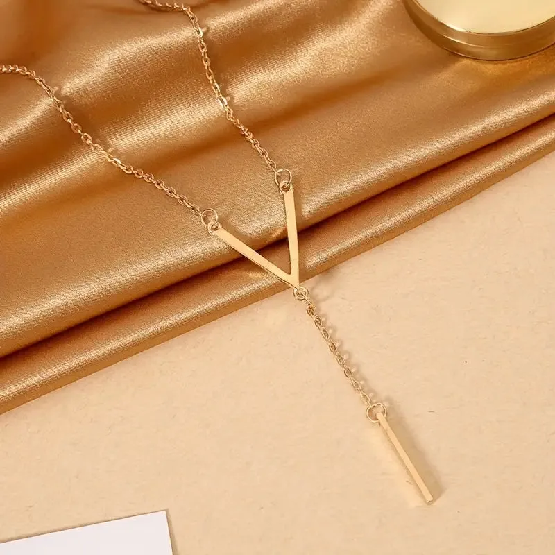 Women's Simple Long V-Shaped Pendant Necklace, 18K Plated Y-Shaped Necklace