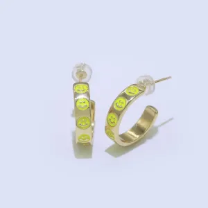 Yellow Happy Face Enamel Round hoop earrings 17.5mm, Lead Nickel free Earrings Y2K Gold Filled Round hoop Smiley Face Jewlery