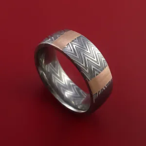 Zebra Damascus Steel Ring and 14k Rose Gold Stripe Pattern Wedding Band