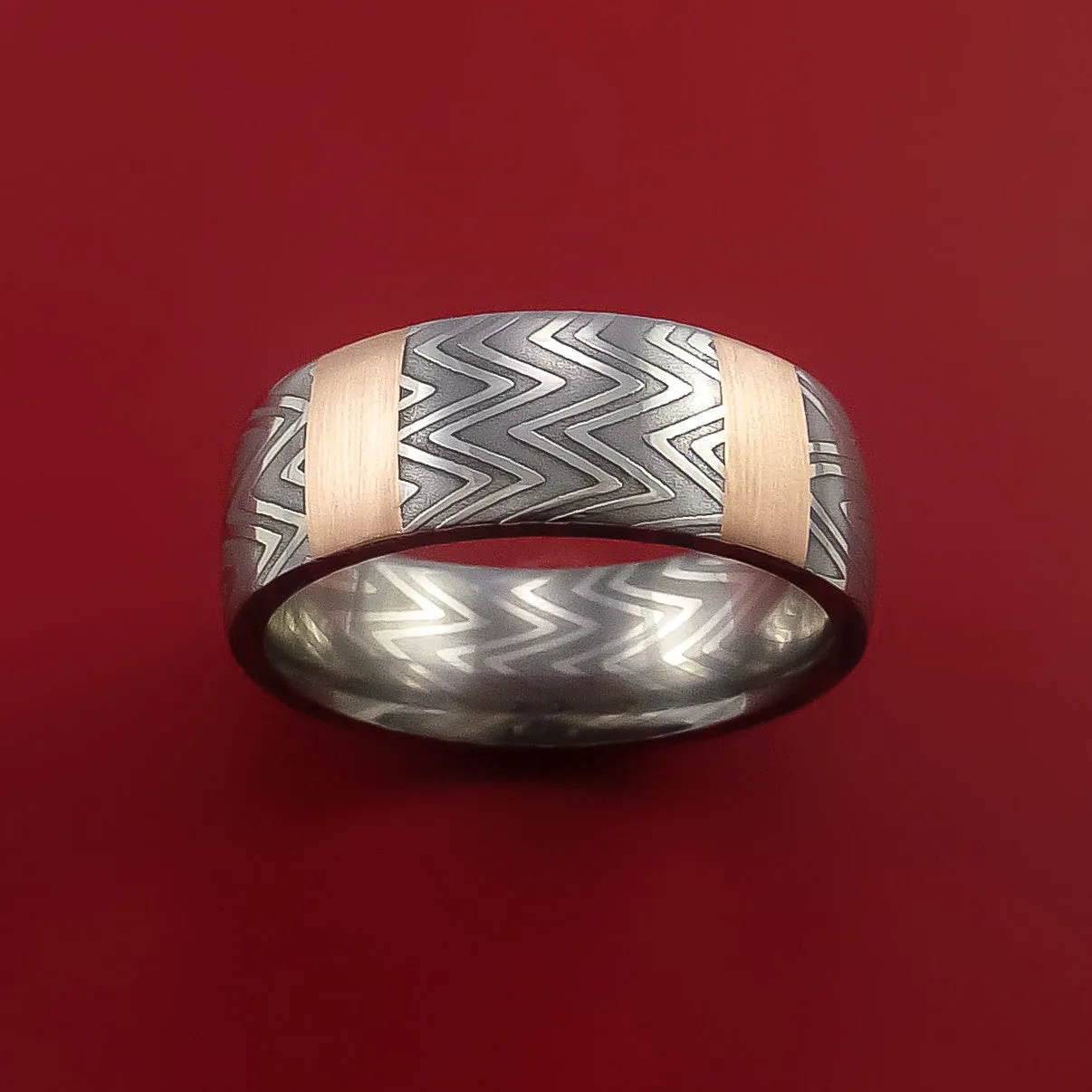 Zebra Damascus Steel Ring and 14k Rose Gold Stripe Pattern Wedding Band