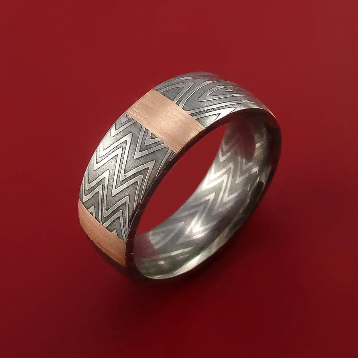 Zebra Damascus Steel Ring and 14k Rose Gold Stripe Pattern Wedding Band