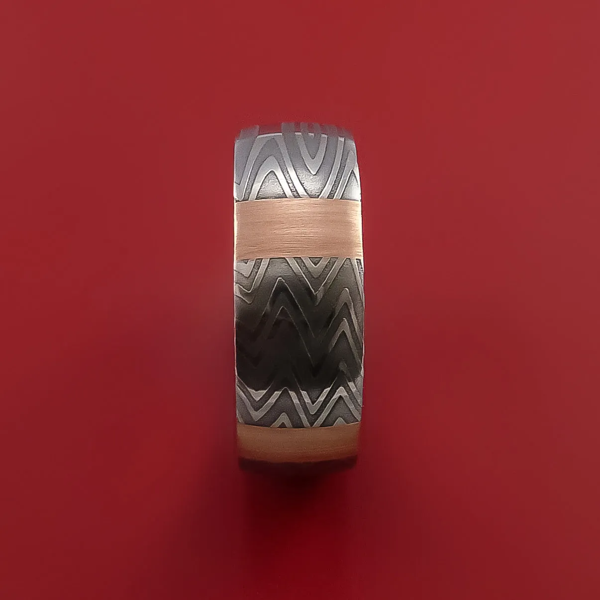 Zebra Damascus Steel Ring and 14k Rose Gold Stripe Pattern Wedding Band
